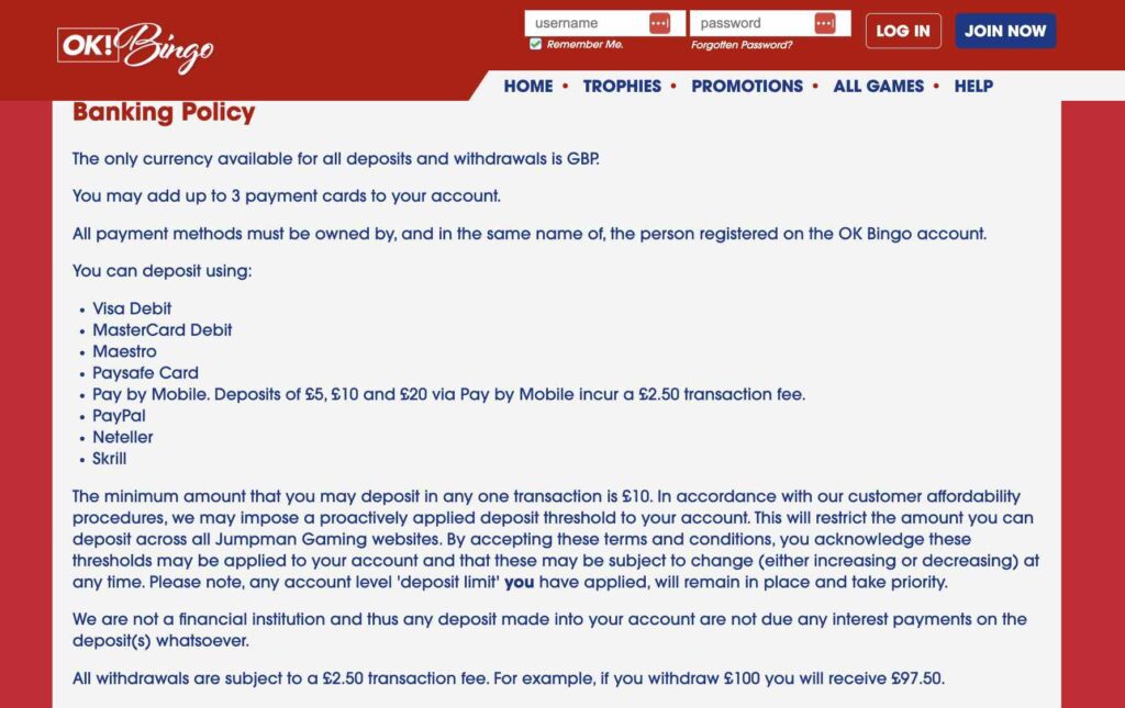 OK! Bingo Banking Policy