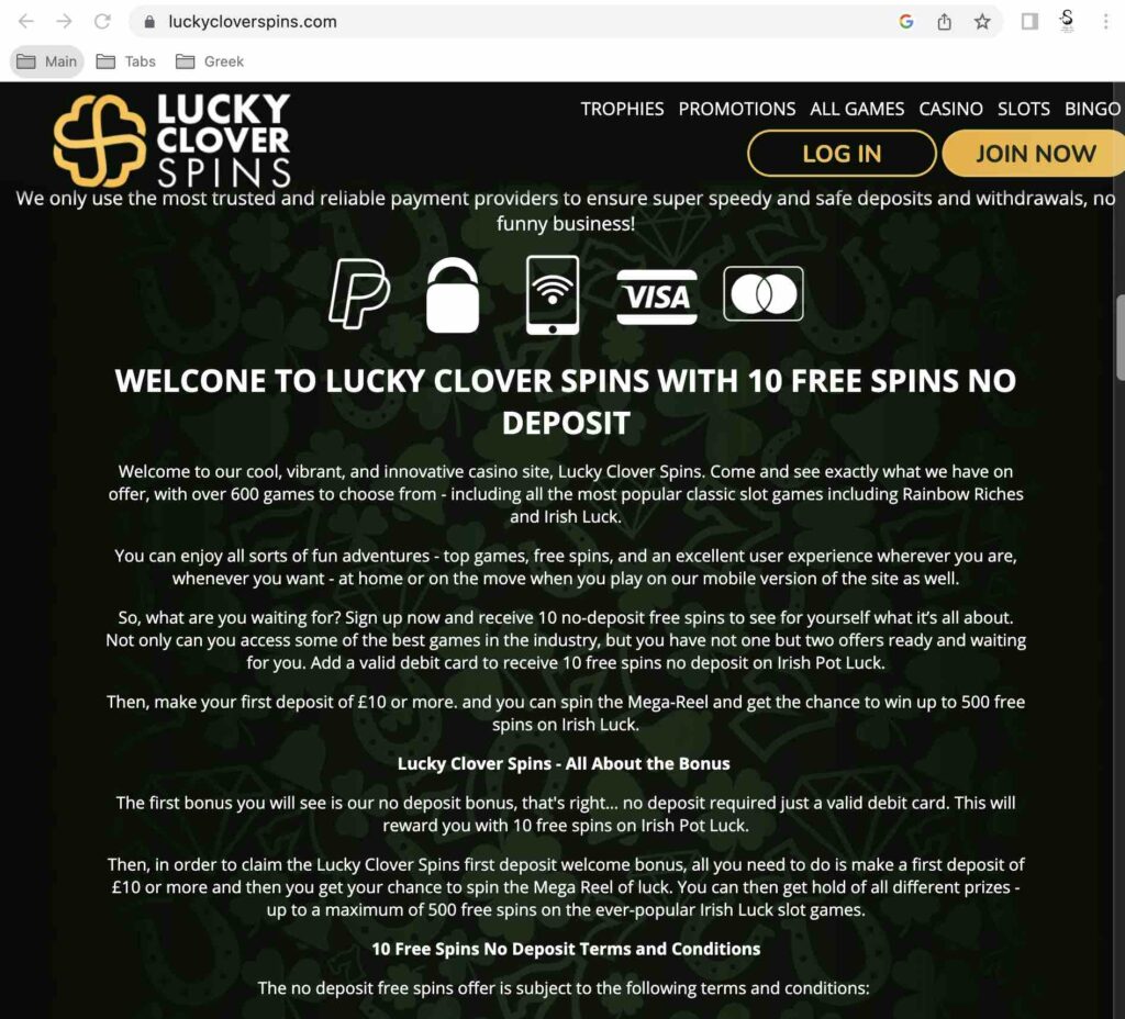 Lucky Clover Spins Homepage Mistake